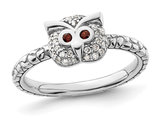 1/8 Carat (ctw) Diamond Owl Ring in Sterling Silver with Garnet Eyes 